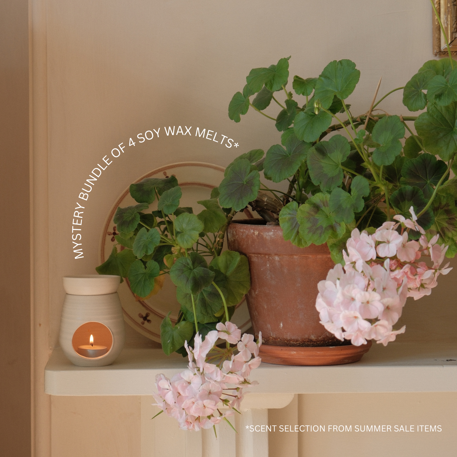 WAX MELT BURNER WITH SUMMER FLORAL DISPLAY ON FIREPLACE