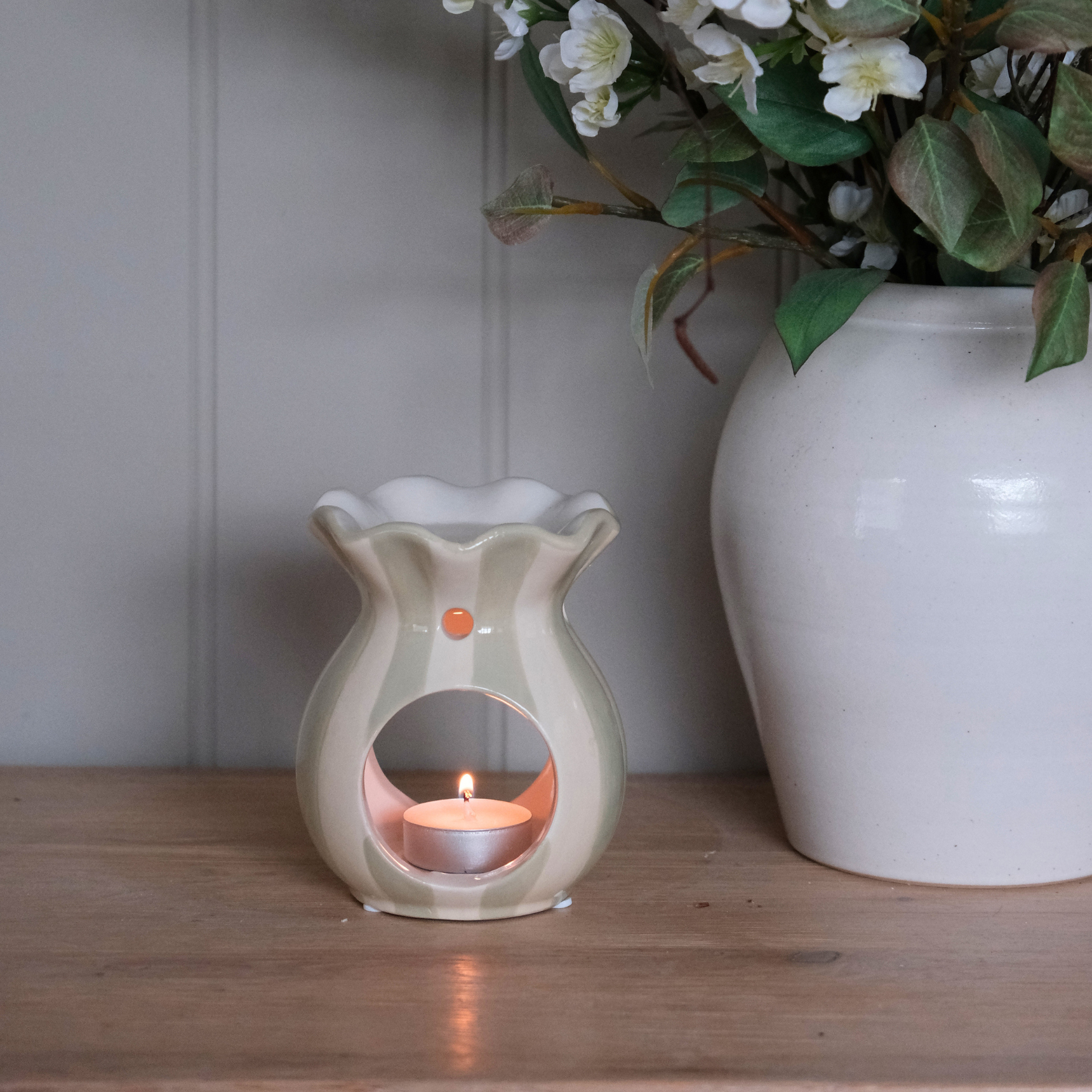 striped green and cream oil burner or wax melt warmer