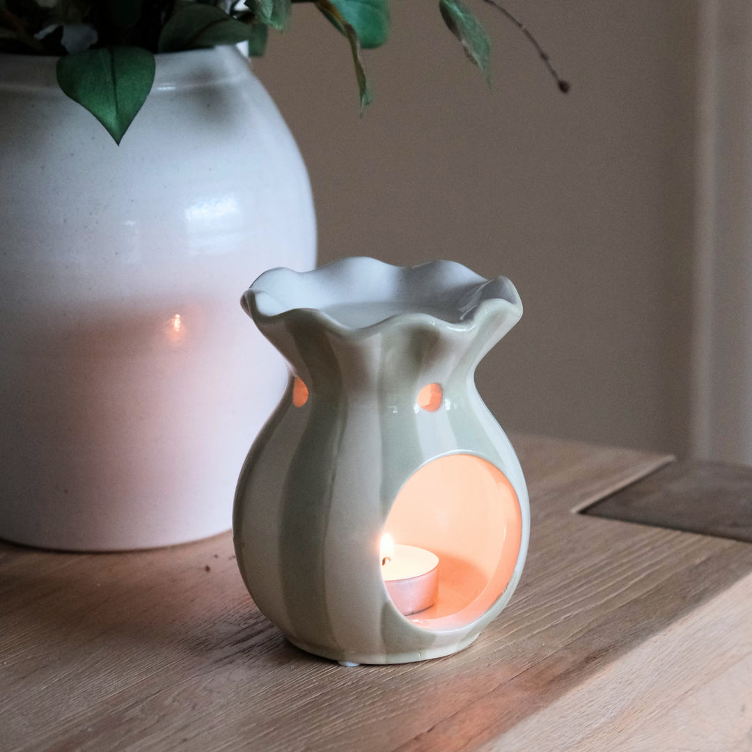 striped wax melt burner in green and cream